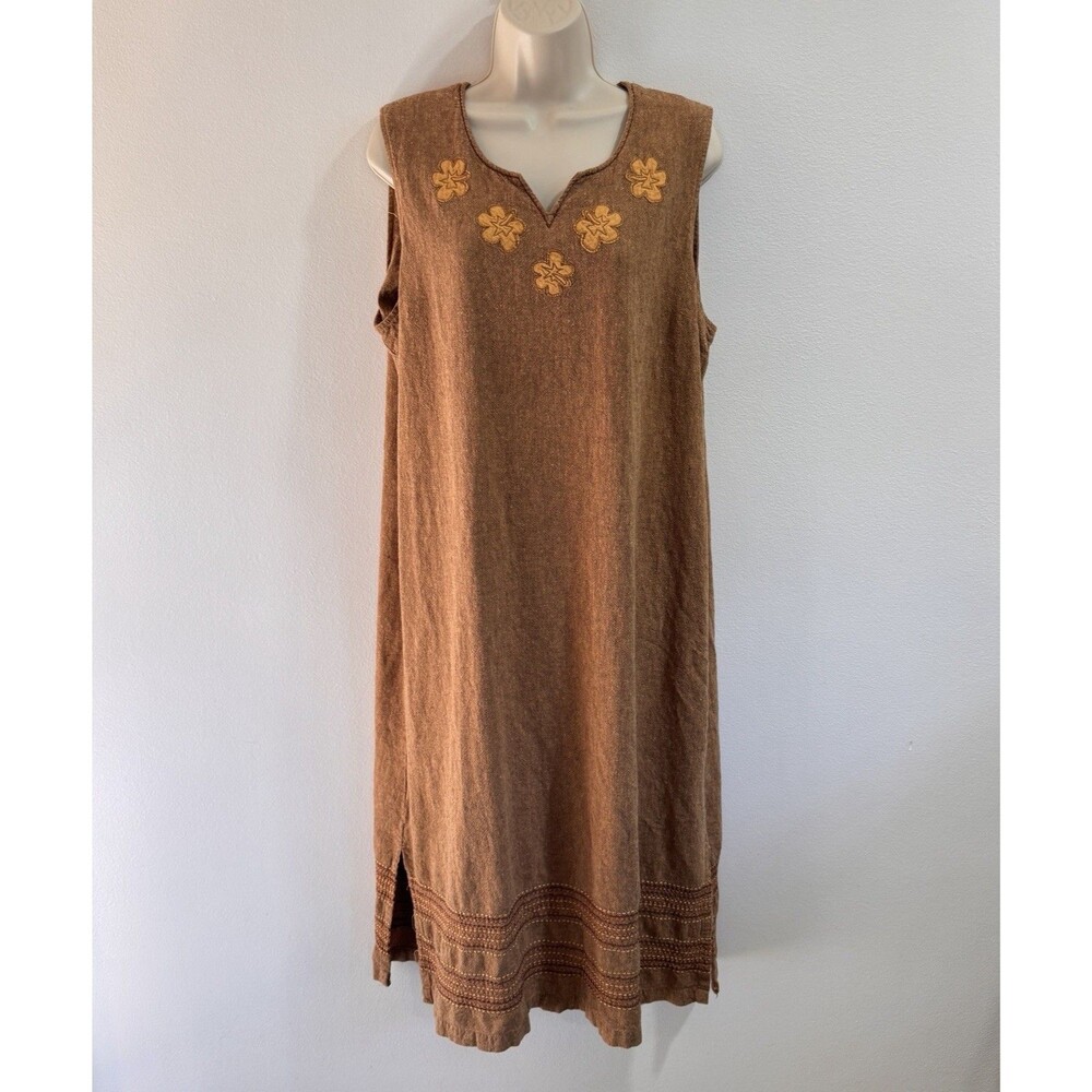 Vintage Y2K White Stag Tank Dress XL Midi Linen Flax Brown Embroidered Floral